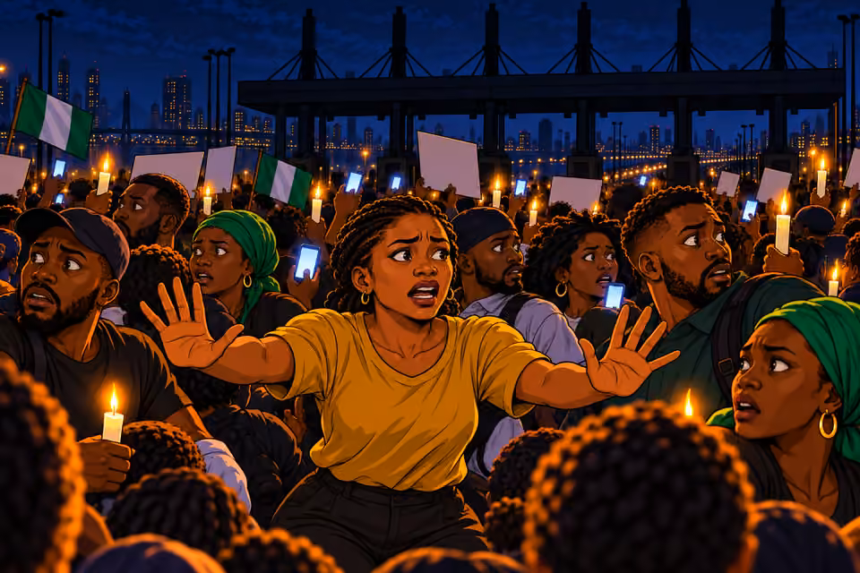 A protester calls for calm as fear spreads through the crowd.