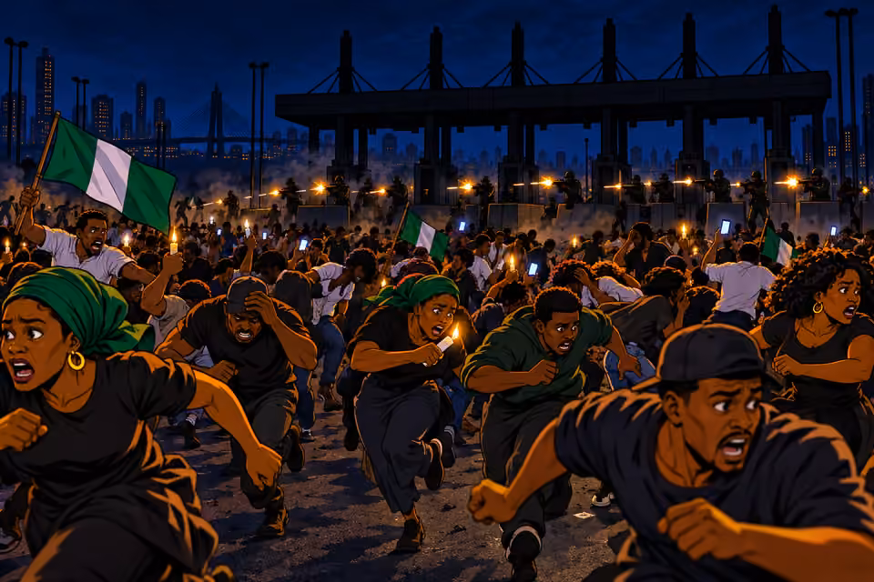 Soldiers open fire as protesters scatter beneath the darkened toll gate.
