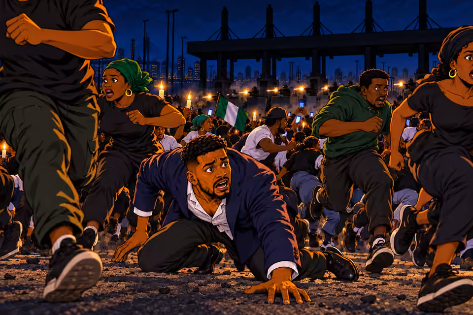 Naibi falls as the crowd sweeps him away from Amara.