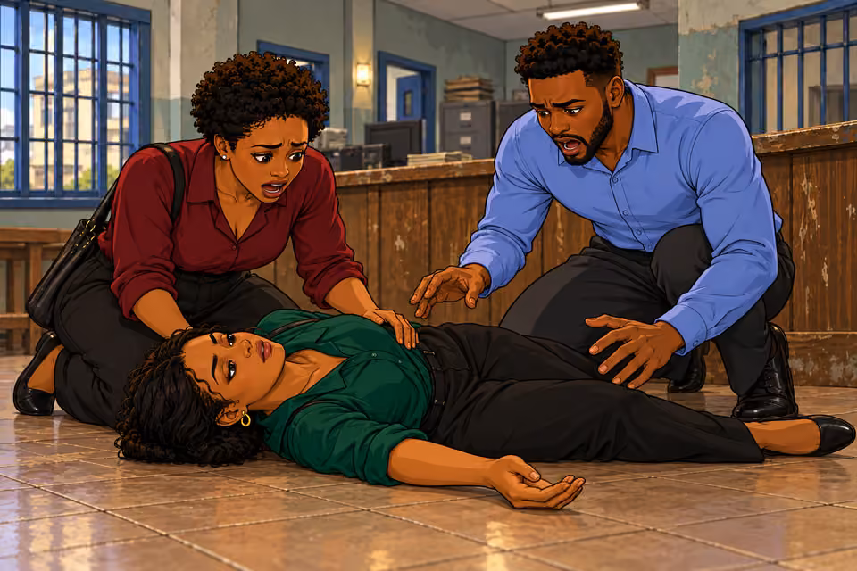 Ifeanyi and Damilola rush to Amara as she lies motionless.