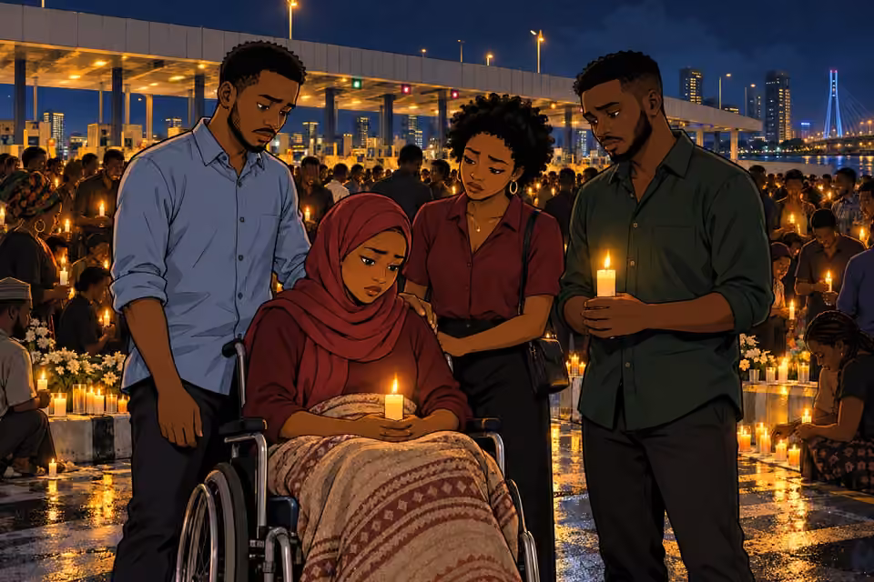 Friends gather at a candlelit memorial vigil, with Amina seated in her wheelchair.