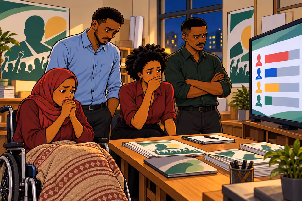 The four friends watch in dismay as the election results arrive.