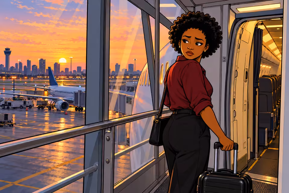 Damilola looks back as she boards a flight out of Nigeria.