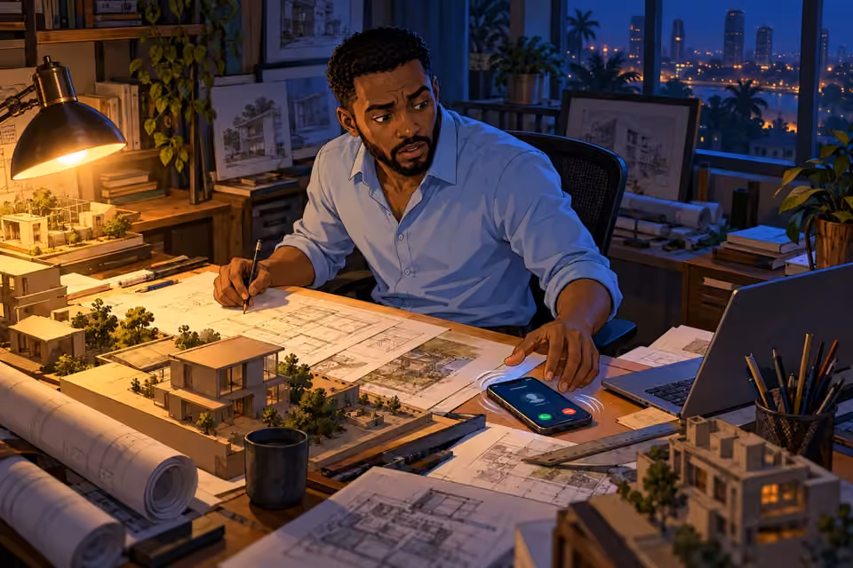 Timi notices an unexpected phone call among his architectural models.