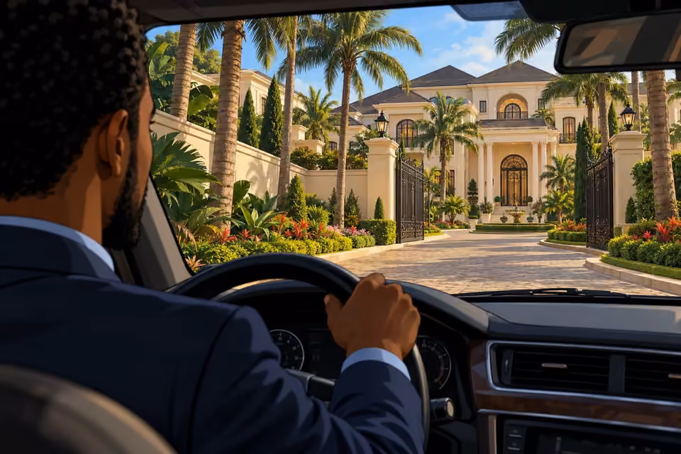 Timi approaches the grand Okafor estate along a winding drive.