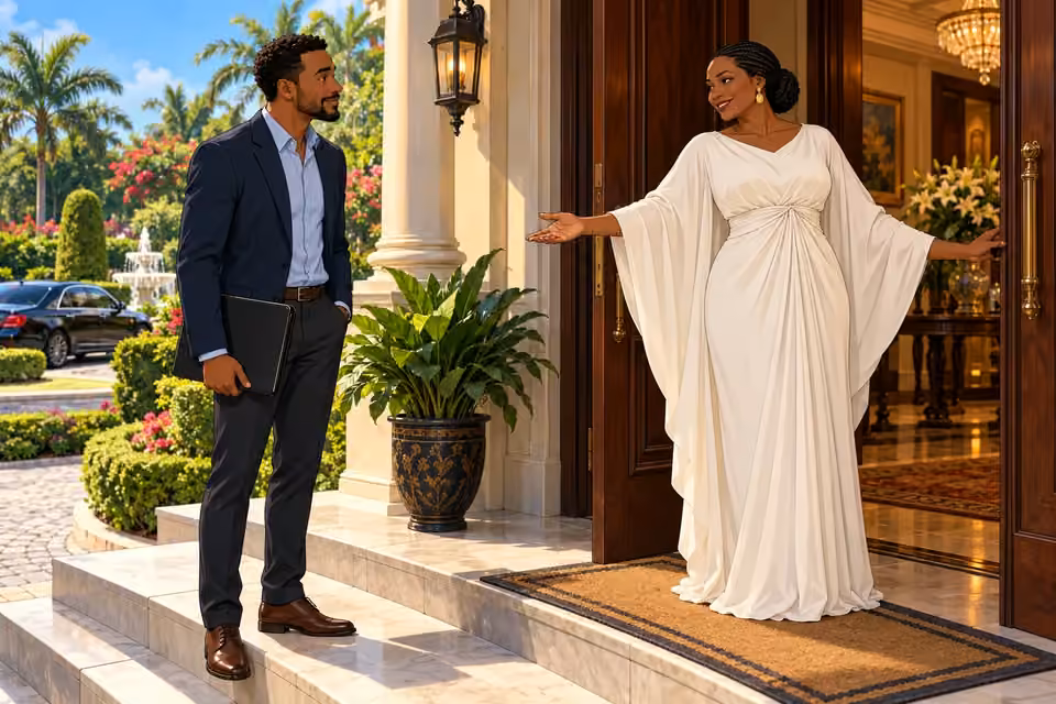 Adaeze welcomes Timi at the mansion entrance.