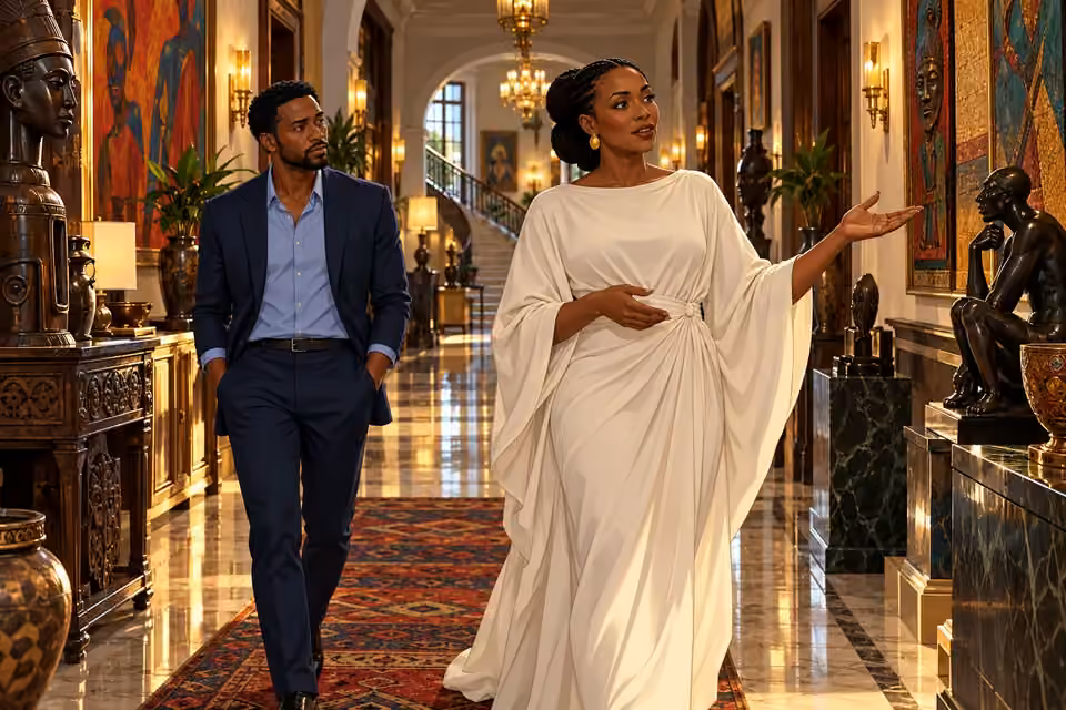 Adaeze guides Timi through a hallway lined with art and artifacts.