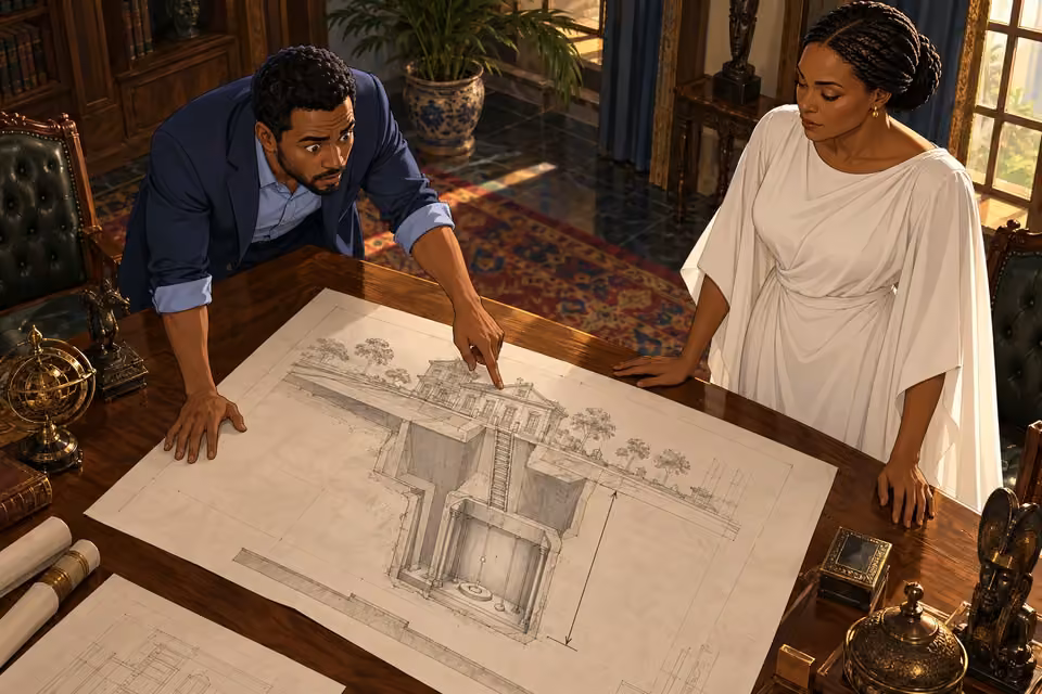Timi questions the underground chamber in Adaeze's architectural plans.