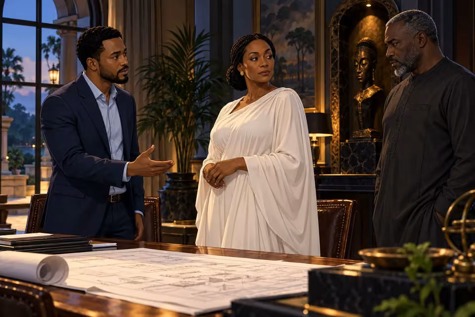 Chidi acknowledges Timi with a guarded nod as Adaeze explains the gallery.