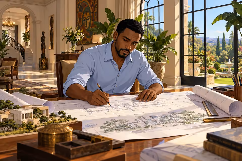Timi sets up his architectural workspace overlooking the estate gardens.