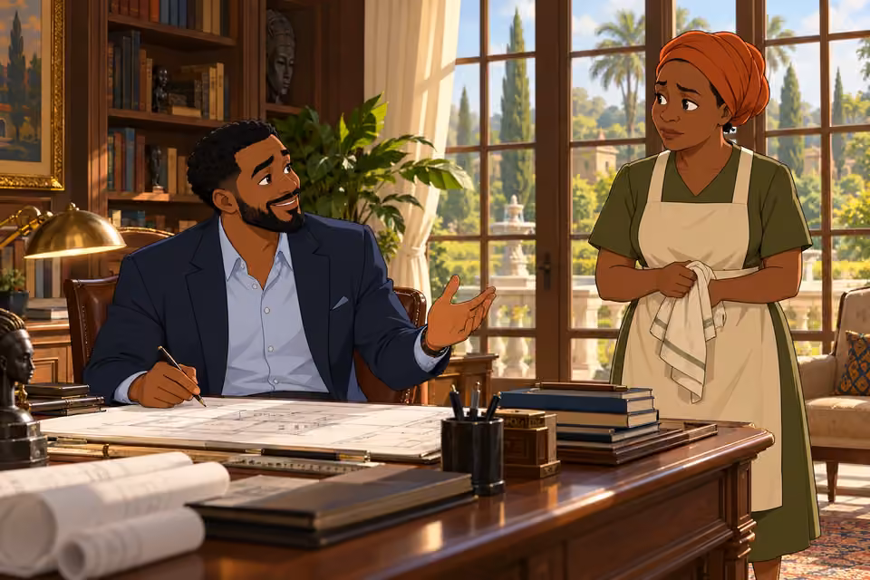 Timi warmly greets the nervous housekeeper.