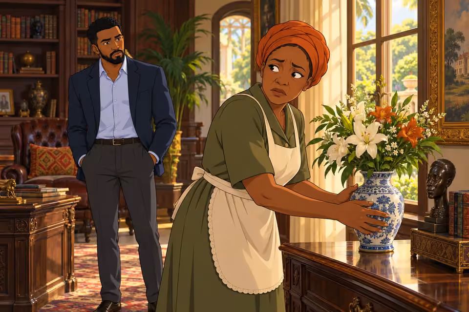 Nkechi adjusts the flowers with trembling hands.