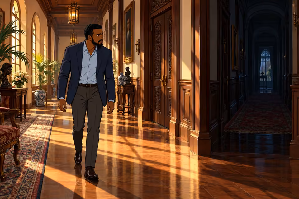 Timi explores the mansion's grand hallways alone.