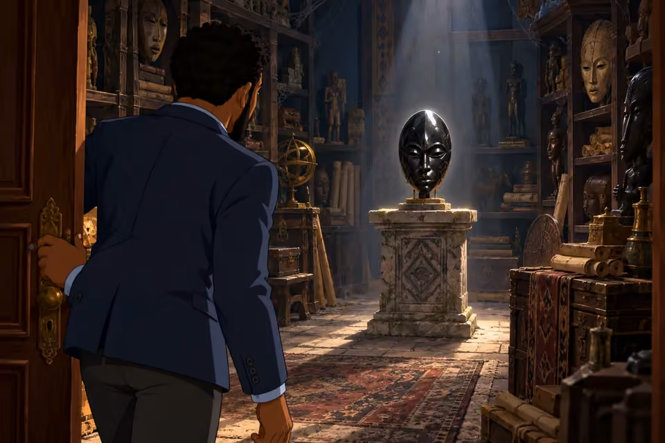 Timi discovers an obsidian mask in a dusty artifact room.