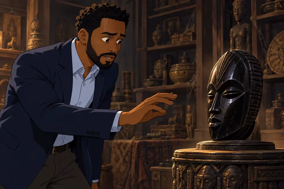 Timi hesitates with his hand inches from the obsidian mask.