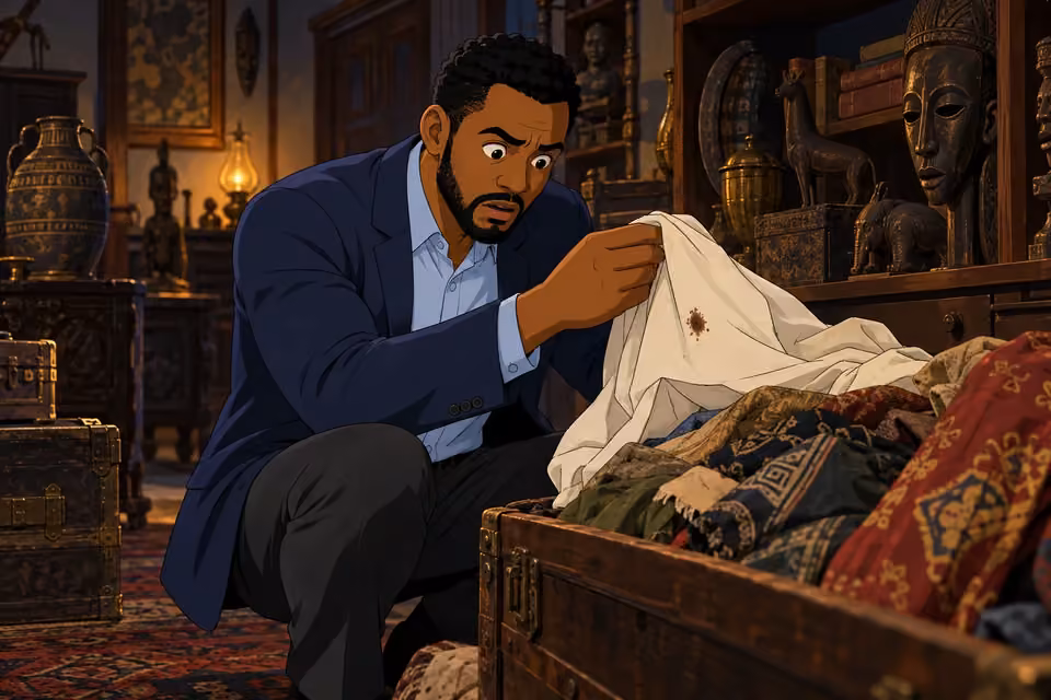 Timi uncovers a stained piece of clothing among old fabrics.