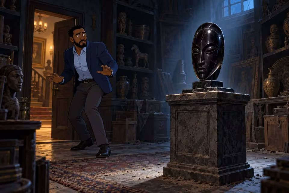 Timi backs away from the artifact room in fear.