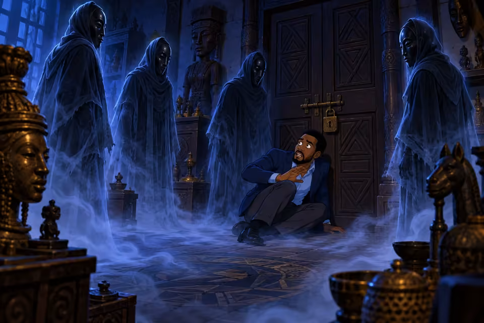 Masked ghostly figures surround Timi in a disturbing dream.