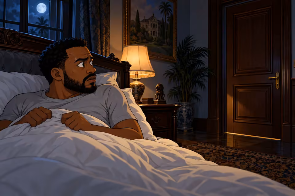 Timi lies awake listening to a threatening whisper outside his door.