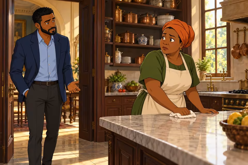 Timi finds Nkechi nervously cleaning a spotless kitchen counter.
