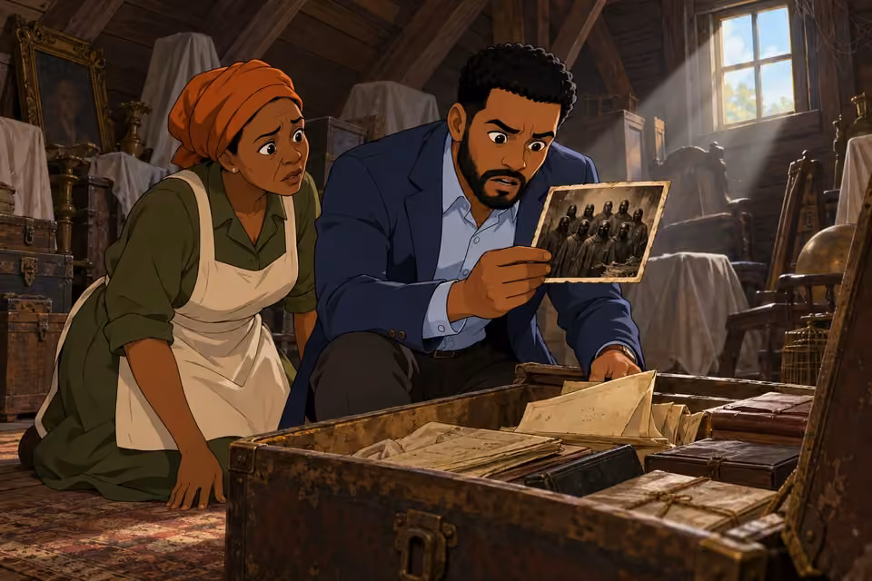 Timi discovers the masked group's photograph inside the attic chest.