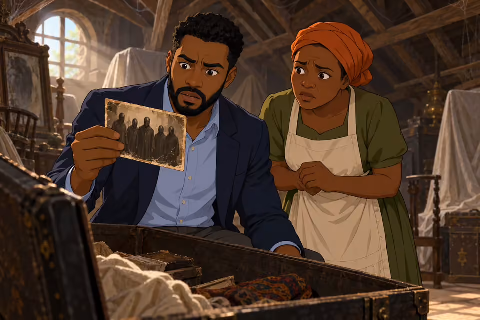 Timi holds up the photograph he has been searching for.