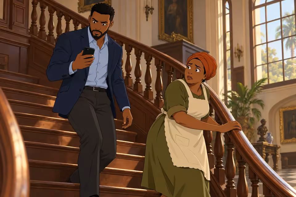 Timi receives another anonymous warning while descending the stairs.