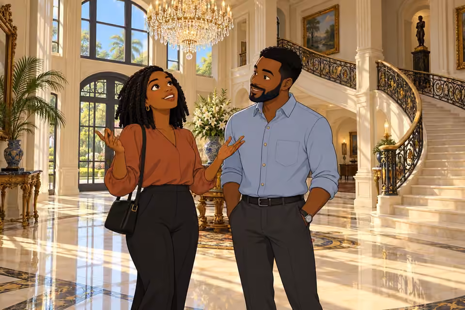 Kemi marvels at the estate's opulent foyer.