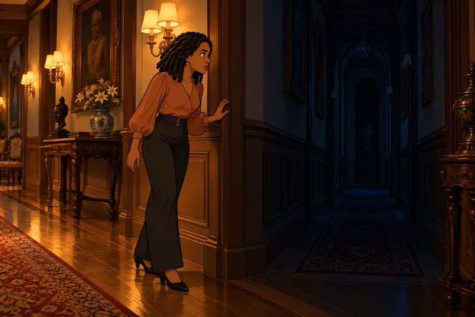 Kemi ventures alone into a dark unfamiliar corridor.