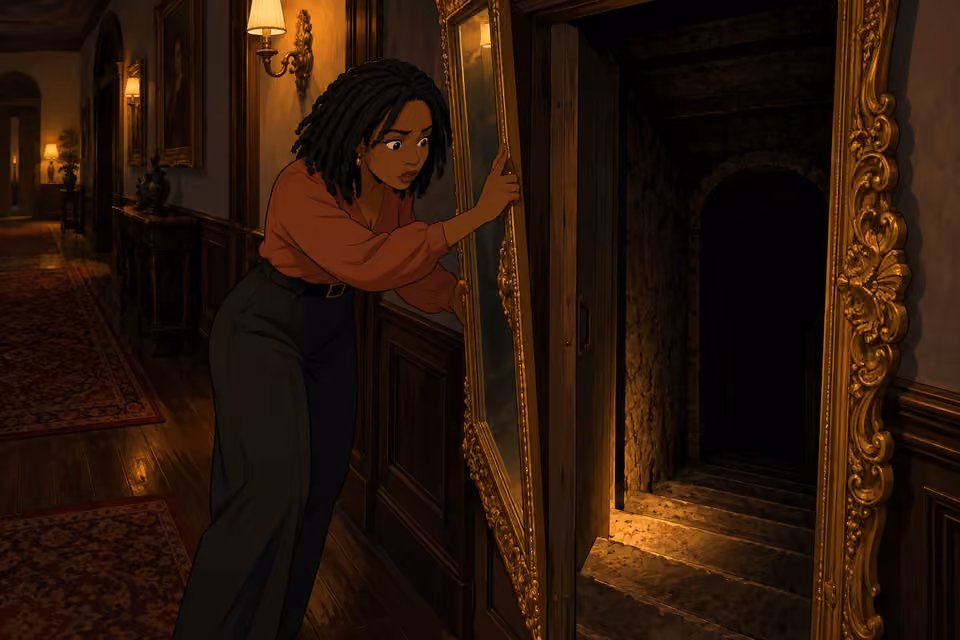 Kemi moves the ornate mirror and discovers a hidden staircase.