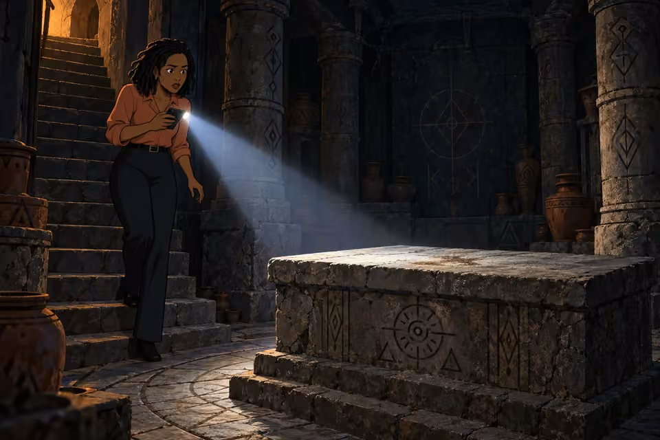 Kemi descends into a hidden chamber by the light of her phone.