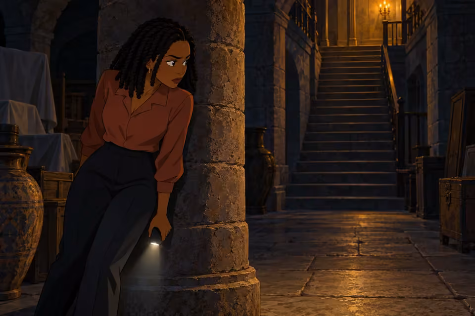 Kemi hides behind a column and listens to voices above.