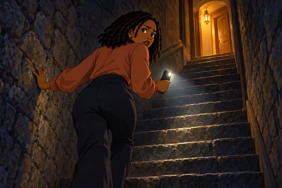 Kemi hurries back up the secret staircase.