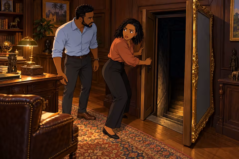 Kemi reveals another hidden staircase behind their room's mirror.
