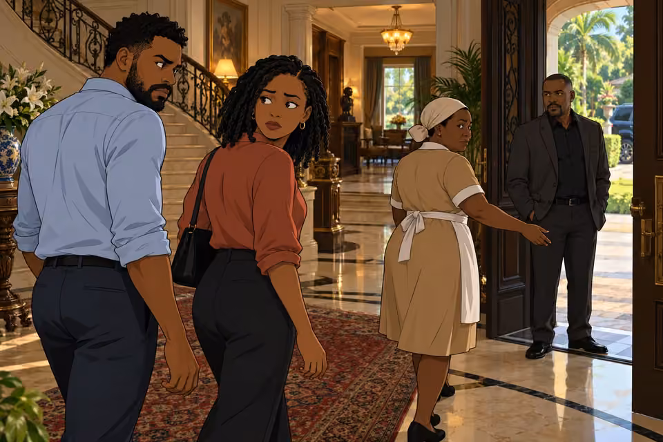 Timi and Kemi exchange a wary glance as a detective arrives.
