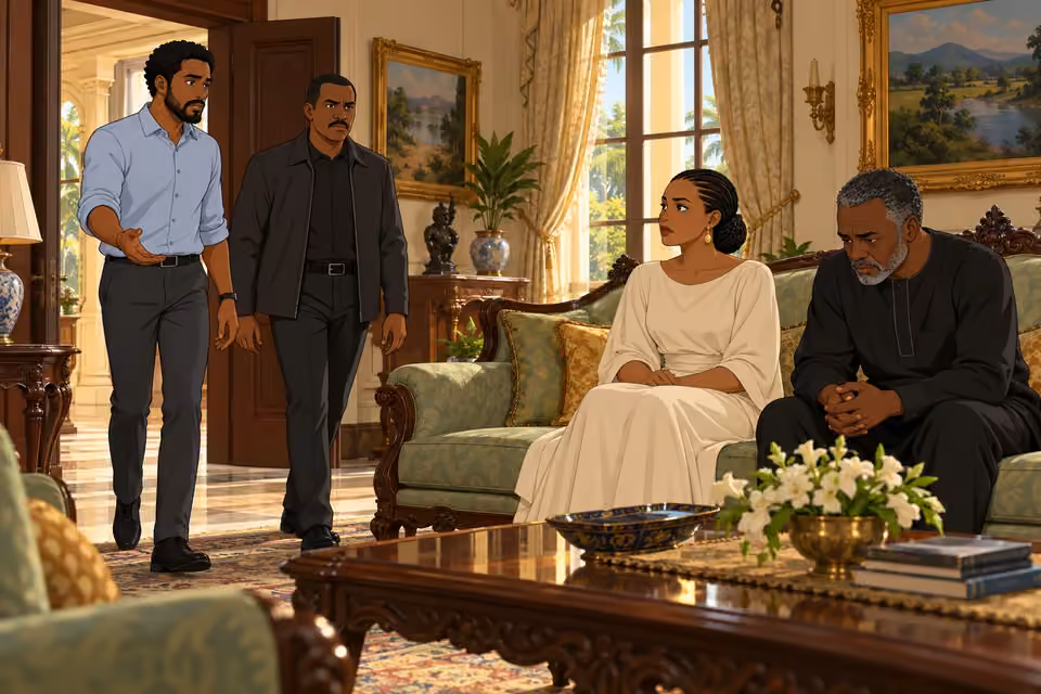 Timi brings Wale into the sitting room to meet Adaeze and Chidi.