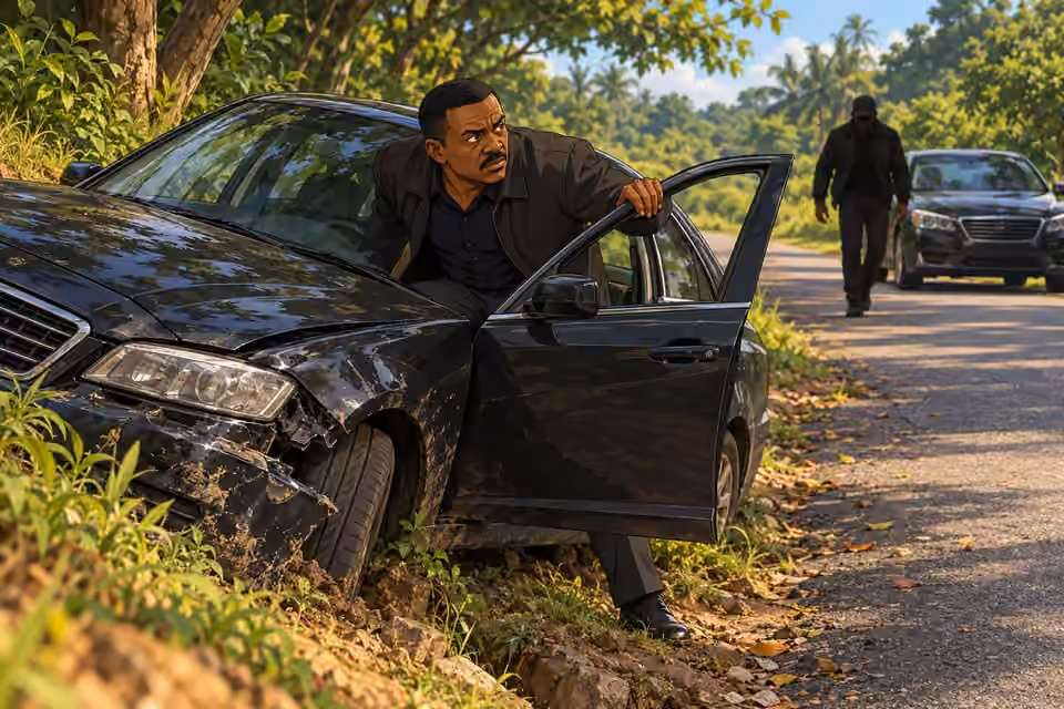 Wale struggles from his crashed car as a shadowy attacker approaches.