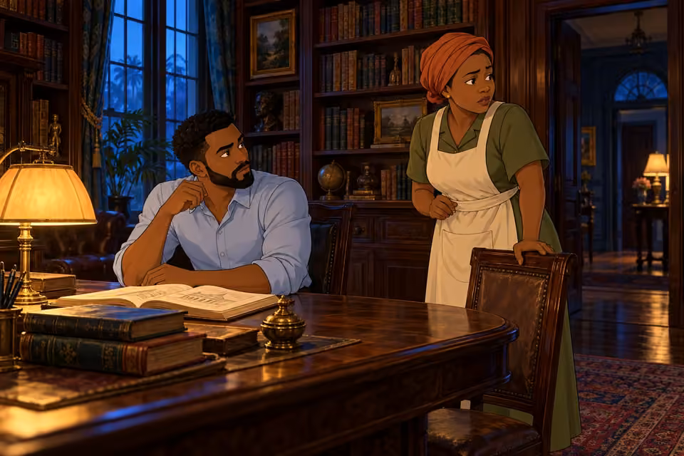 Nkechi approaches Timi nervously in the evening library.
