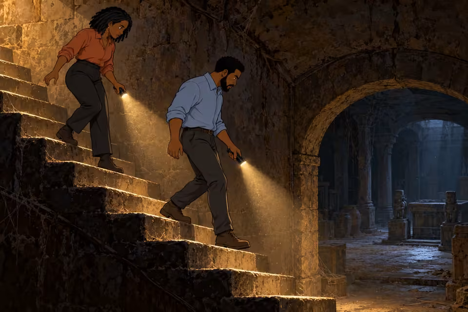 Timi and Kemi descend through the hidden passages with flashlights.