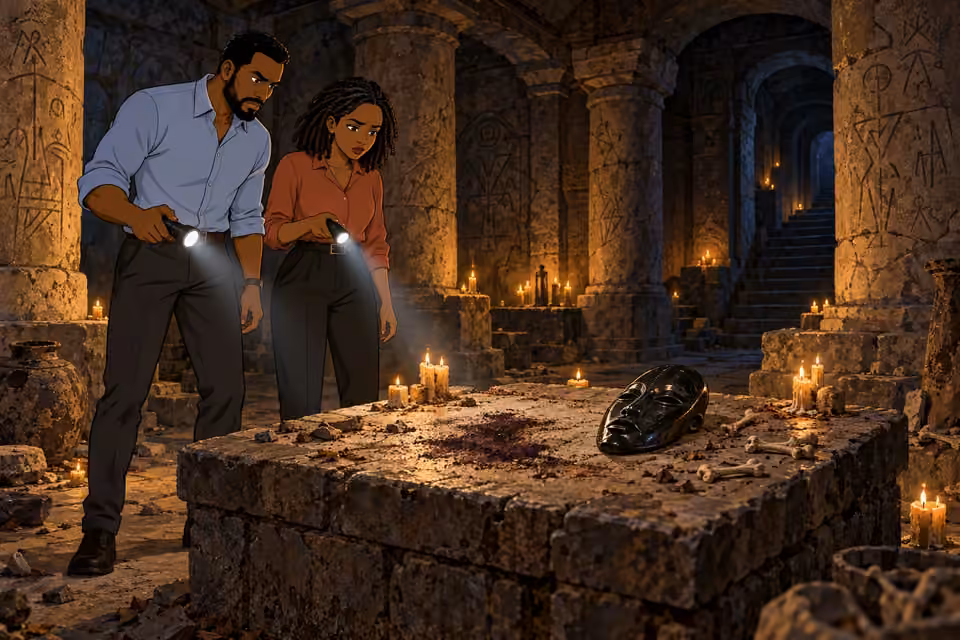 Timi and Kemi examine the mask and remnants in the underground chamber.