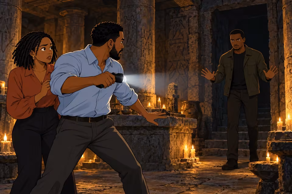 Timi shields Kemi as Dayo emerges from the shadows.