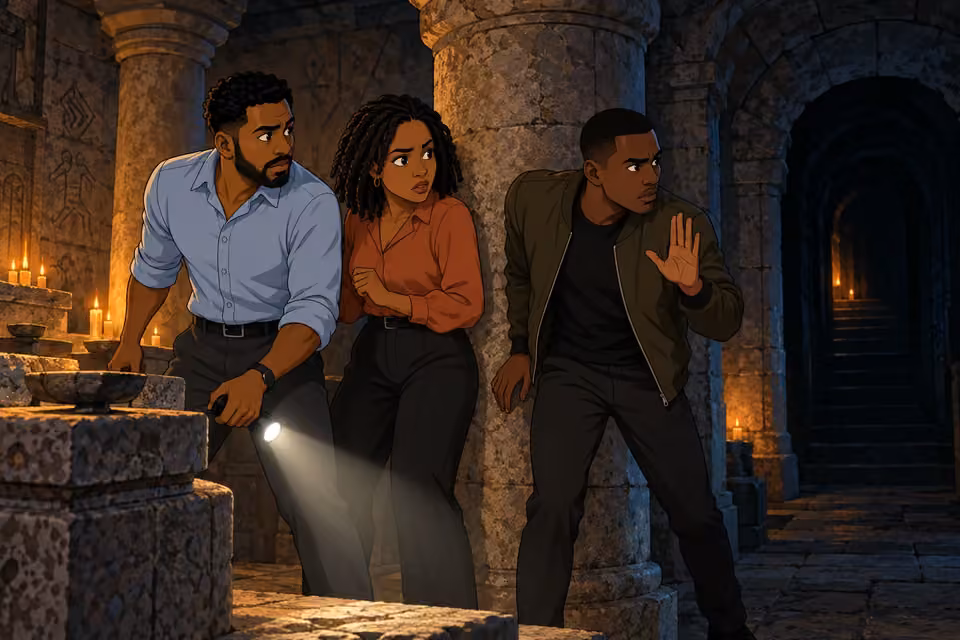 The three investigators freeze at the sound of approaching footsteps.