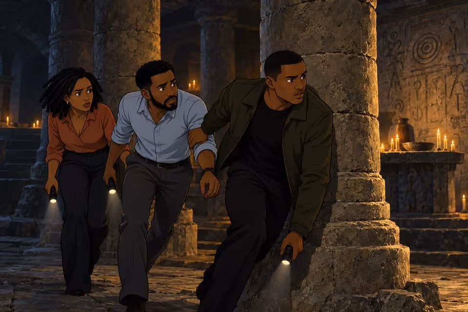 Dayo pulls Timi and Kemi into hiding behind a stone column.