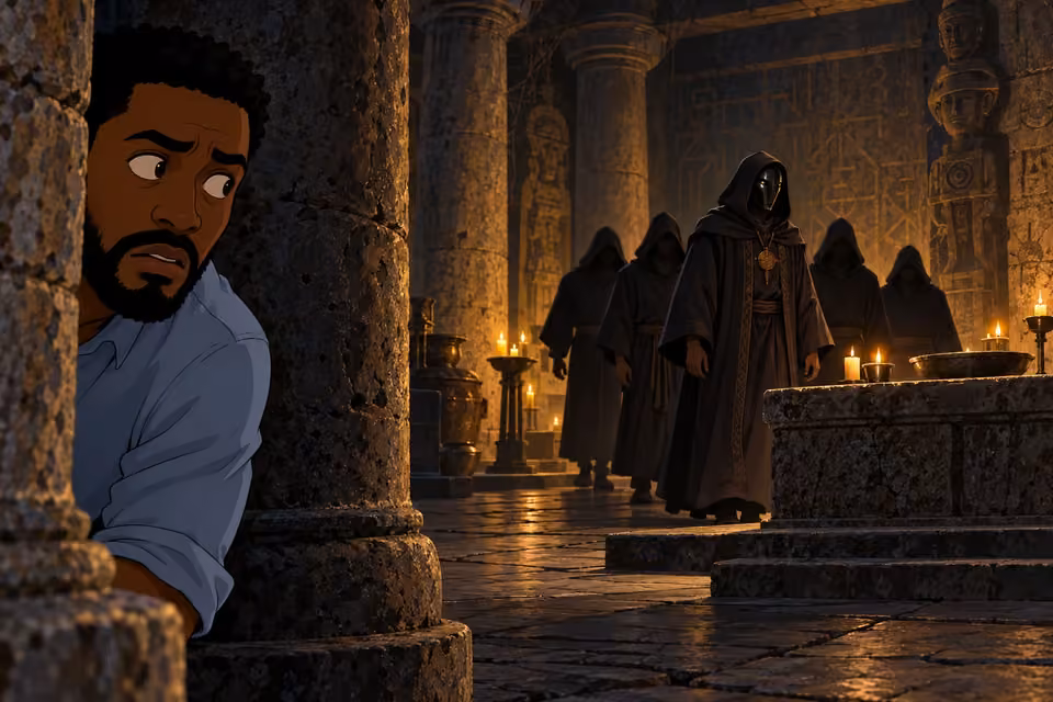 Timi watches the masked cult leader approach the altar.
