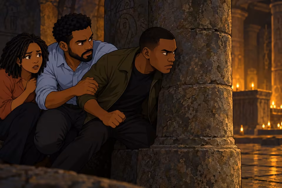 Timi restrains Dayo from rushing out of hiding during the ritual.