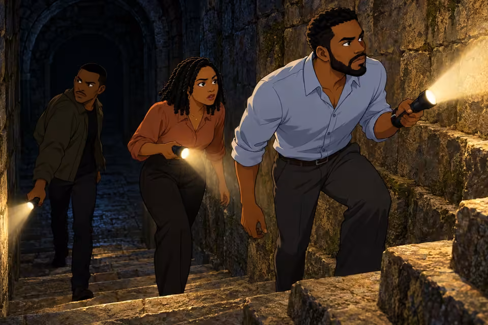 Timi, Kemi and Dayo cautiously make their way back through the passages.