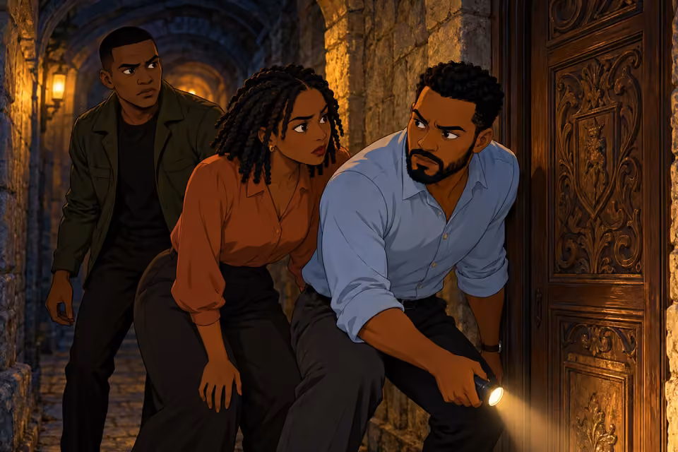 The three investigators prepare their next move at the passage exit.