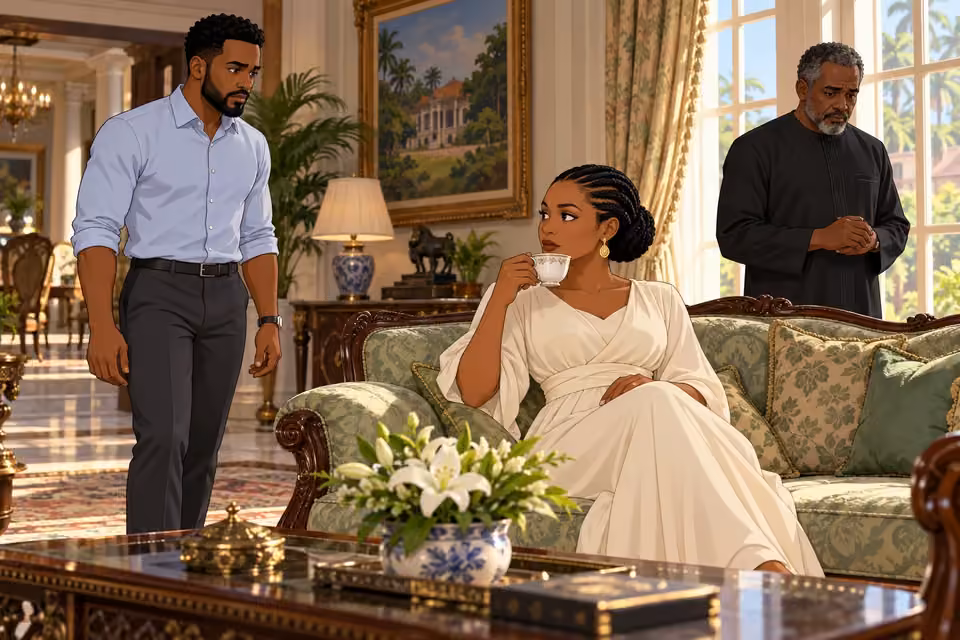 Timi approaches Adaeze while Chidi watches nervously in the sitting room.