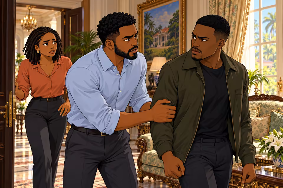Timi catches Dayo's arm and urges him to escape.
