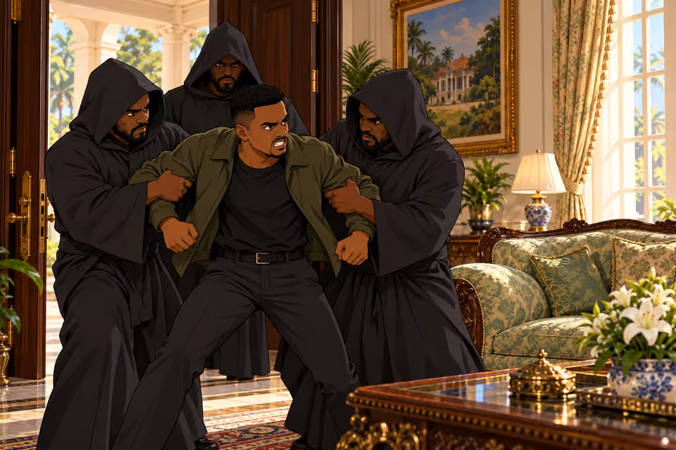 Cult members overpower and capture Dayo at the entrance.